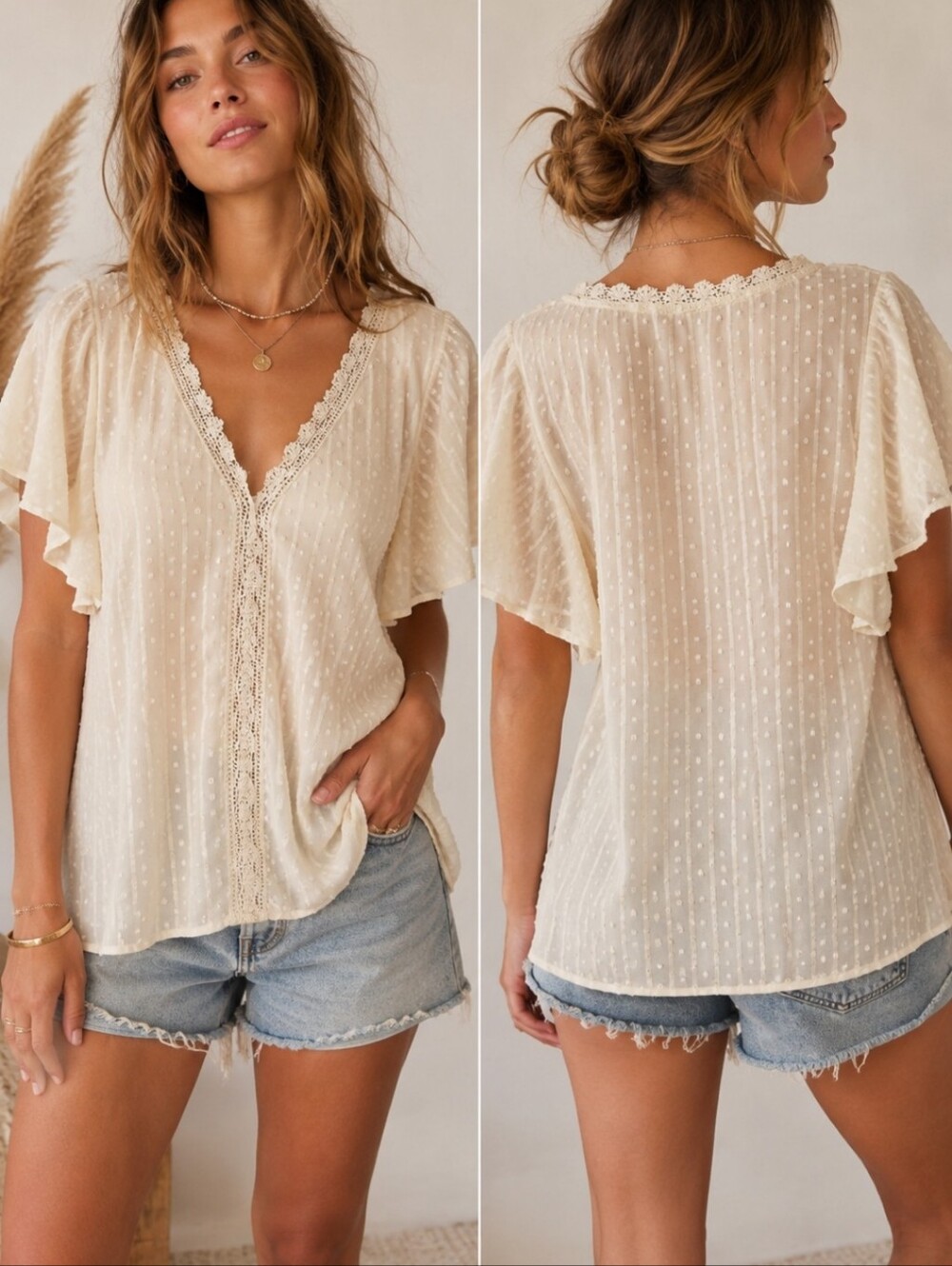 Swiss Dot Lace Trim Flutter Sleeve Boho Blouse Ivory Cream Size L